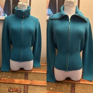 Teal blue wool knit sweater with turtleneck option